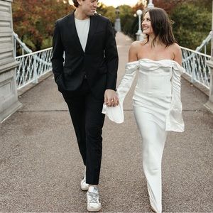 White Silk off the shoulder Gown